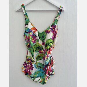 MAXINE OF HOLLYWOOD Floral One Piece Skirted Swimsuit Tie Waist Convert Strap 16